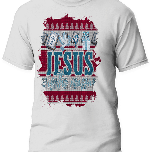 Red and white Christmas sweater-style shirt with the text ;Jesus is the Reason" in bold letters, featuring Bible, cross, dove, gift and Christmas tree graphics.