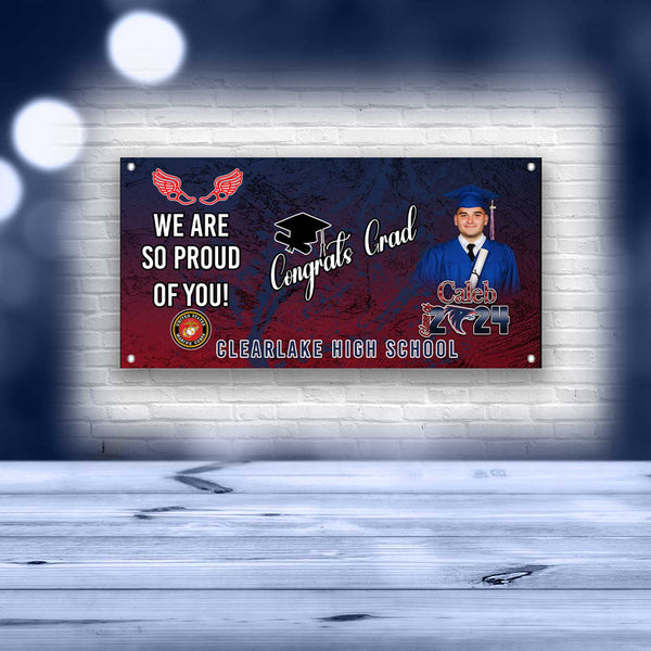 Custom banner with vibrant colors and personalized text, perfect for celebrating any occasion such as birthdays, weddings, or graduations. This blue and red grunge combination representing a student from Clearlake high school. Marines and cross-country runner