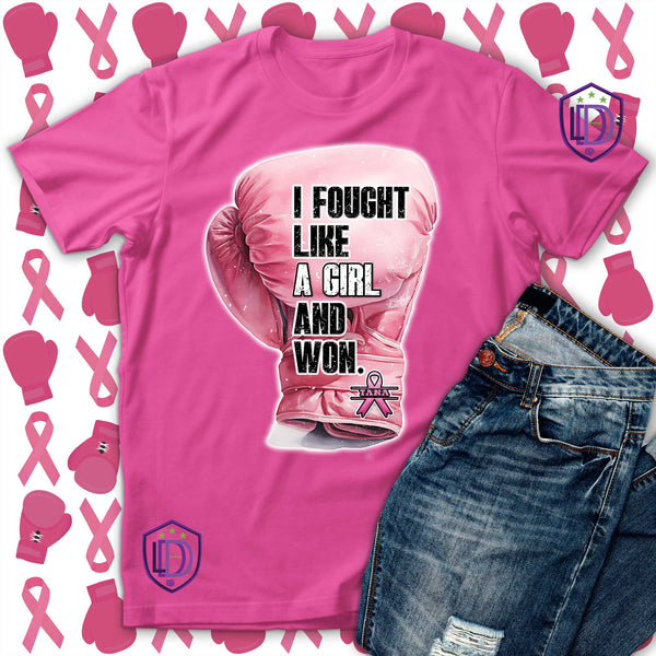 Breast cancer survivor shirt with pink ribbon and boxing gloves design – “I fought like a girl and won”