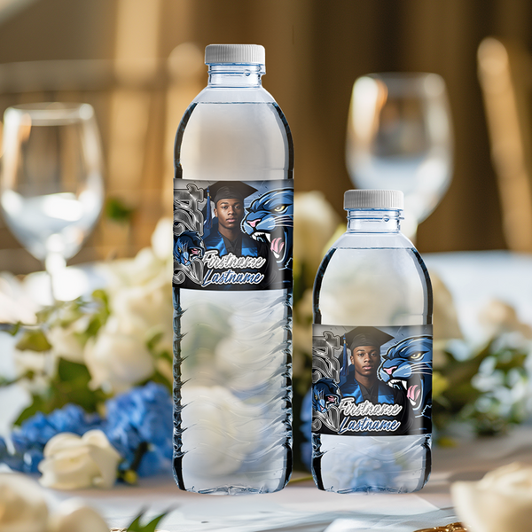 Custom waterproof water bottle wrap on 16.9 oz bottle – personalized colorful design