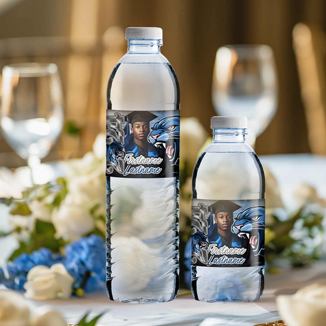 Custom waterproof water bottle wrap on 16.9 oz bottle – personalized colorful design