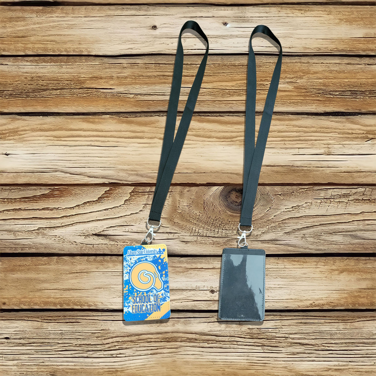 Custom vertical PU leather ID badge holder with sublimation print – personalized, durable, clear window for easy scanning