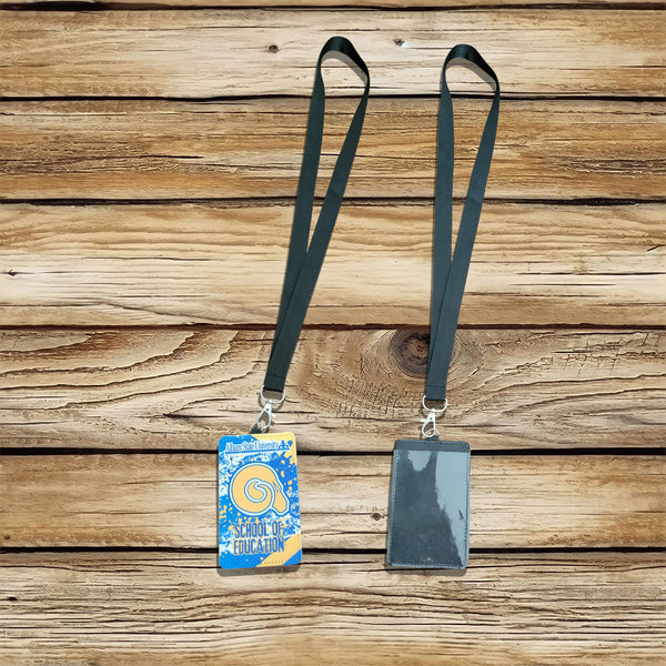 Custom vertical PU leather ID badge holder with sublimation print – personalized, durable, clear window for easy scanning