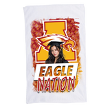 Custom sublimated spirit rally towel with full edge-to-edge design, 11x18 cotton/poly blend, perfect for sports, concerts, graduations, and events