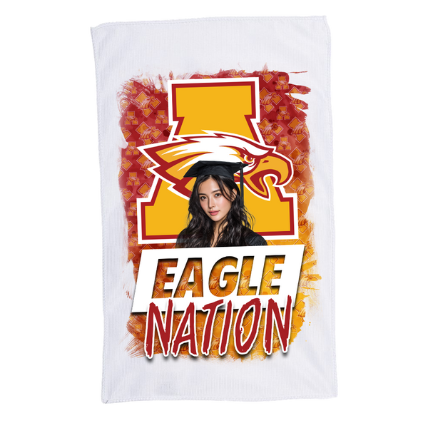 Custom sublimated spirit rally towel with full edge-to-edge design, 11x18 cotton/poly blend, perfect for sports, concerts, graduations, and events