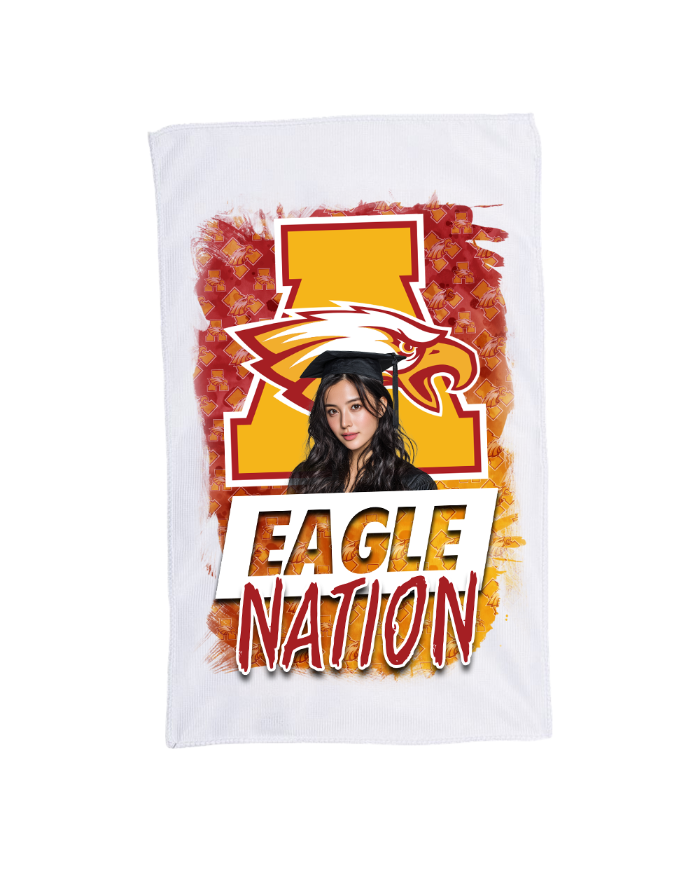 Custom sublimated spirit rally towel with full edge-to-edge design, 11x18 cotton/poly blend, perfect for sports, concerts, graduations, and events