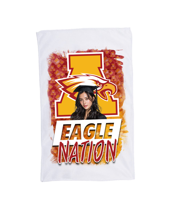 Custom sublimated spirit rally towel with full edge-to-edge design, 11x18 cotton/poly blend, perfect for sports, concerts, graduations, and events