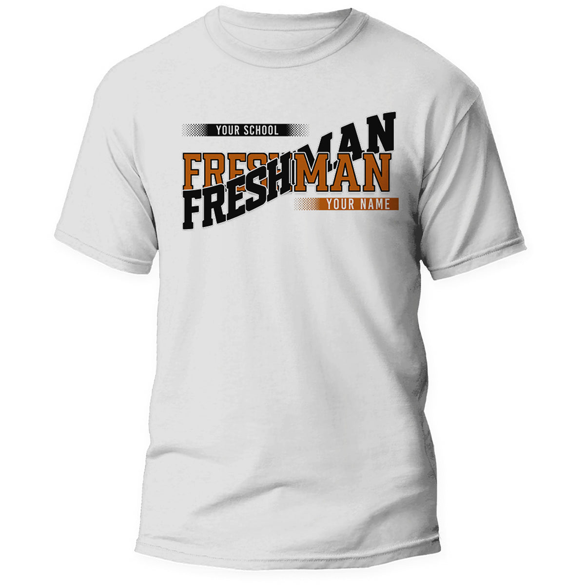 White custom Freshman class year shirt with school name and student name in burnt orange and black