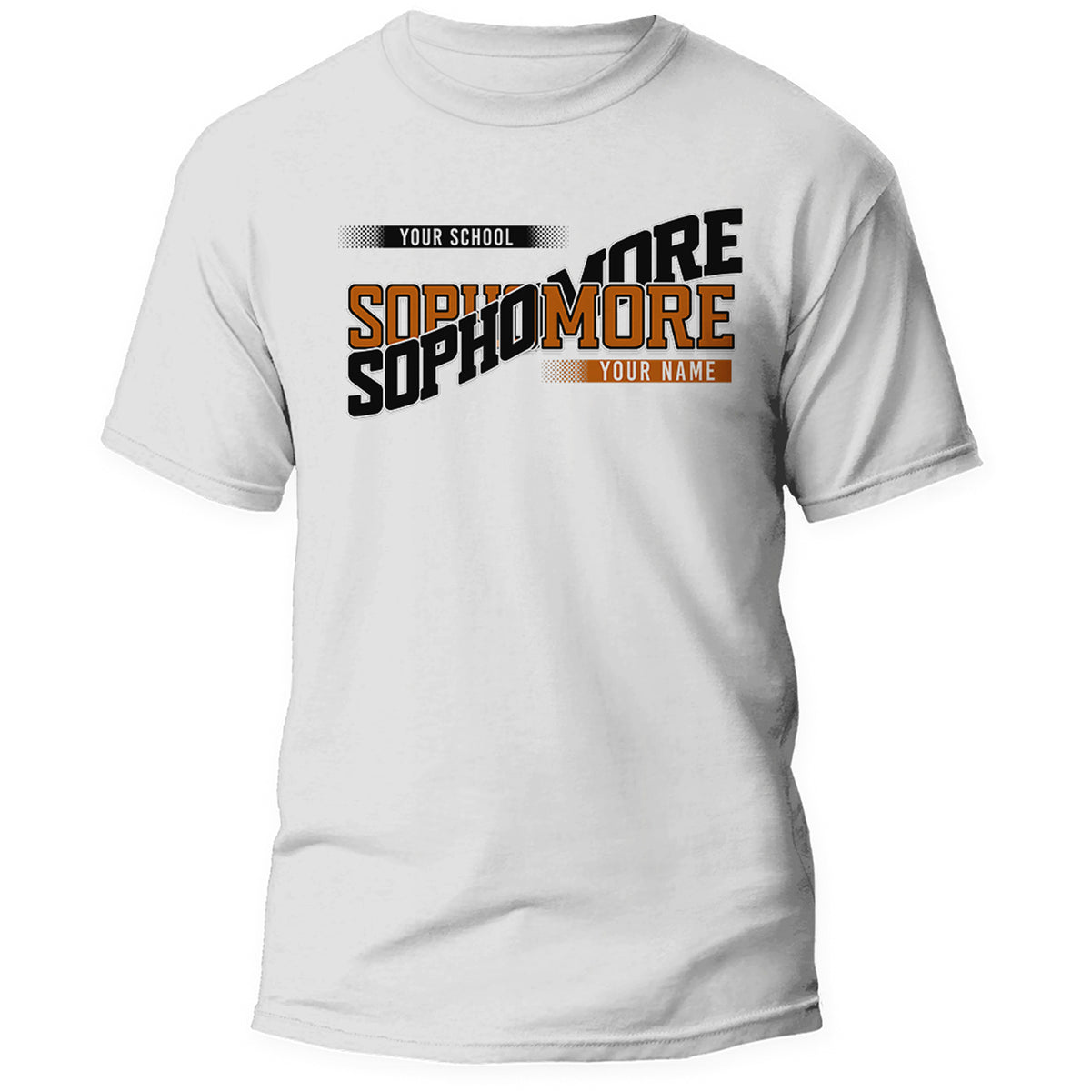 White custom Sophomore class year shirt with school name and student name in burnt orange and black