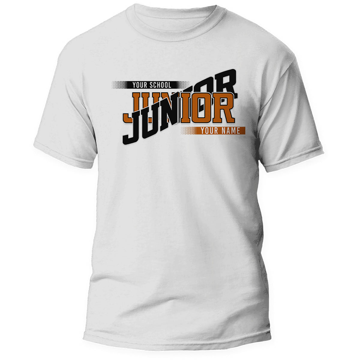 White custom Junior class year shirt with school name and student name in burnt orange and black