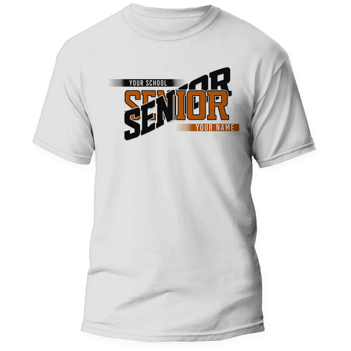 White custom Senior class year shirt with school name and student name in burnt orange and black