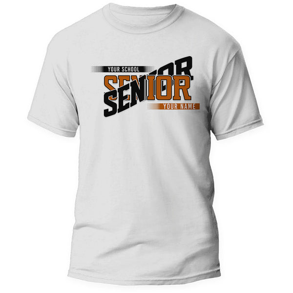 White custom Senior class year shirt with school name and student name in burnt orange and black