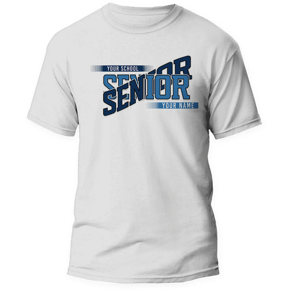 White custom Senior class year shirt in navy and light blue school colors