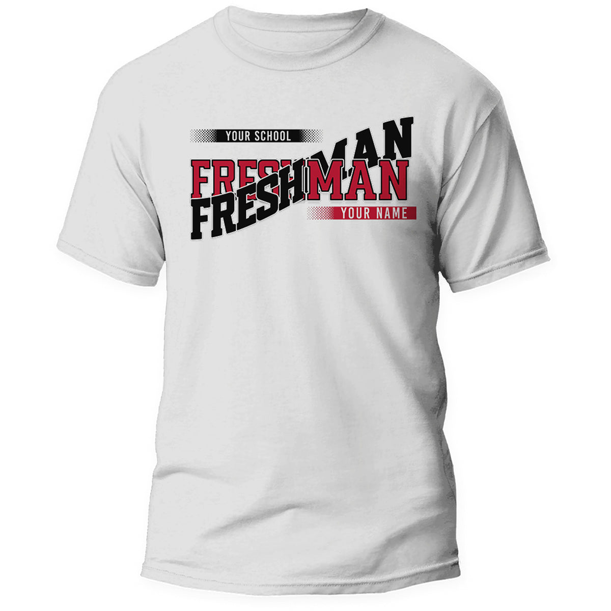 White custom Freshman class year shirt in red and black school colors