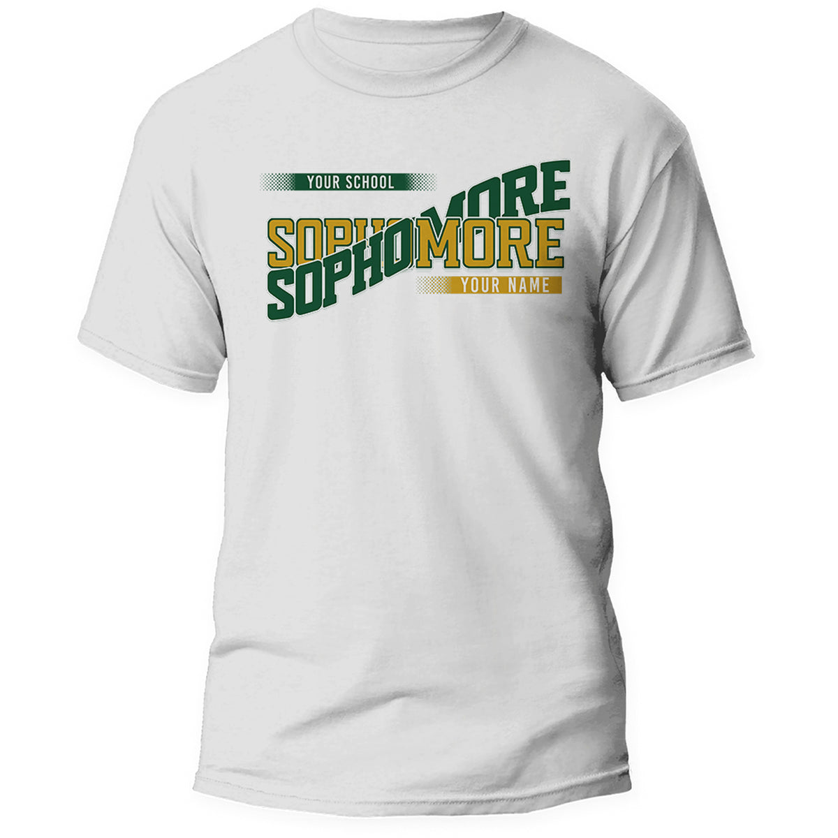White custom Sophomore class year shirt in green and gold school colors