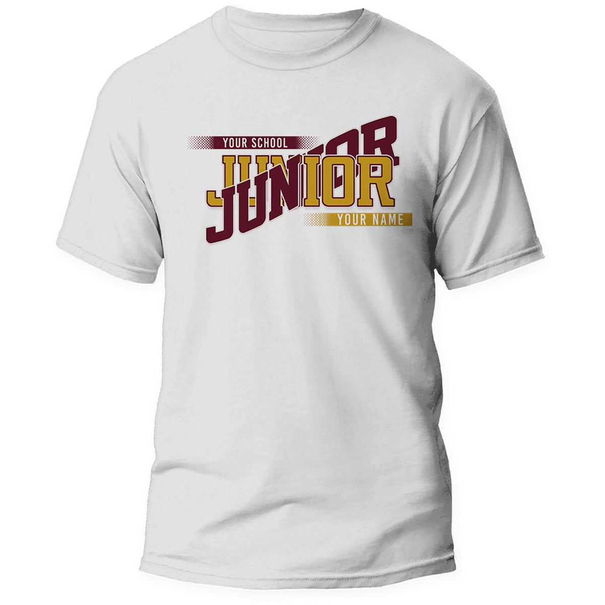 White custom Junior class year shirt in maroon and gold school colors