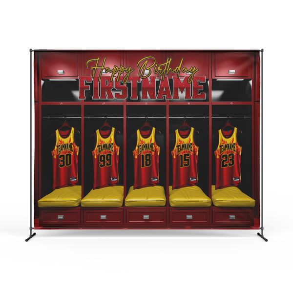 "Custom sports backdrop with realistic lockers, hanging jerseys, and sports balls inside, perfect for sports-themed events."