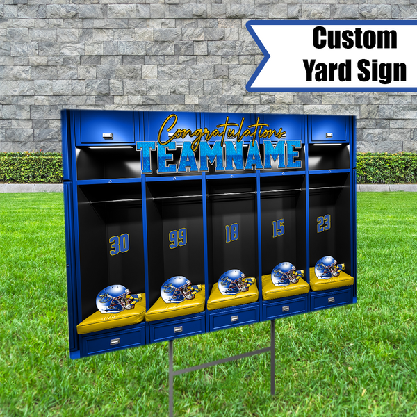 2.	"Personalized sports yard sign featuring a locker room design with team jerseys and sports balls for parties and banquets."