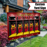 Personalized sports yard sign featuring a locker room design with team jerseys and sports balls for parties and banquets.