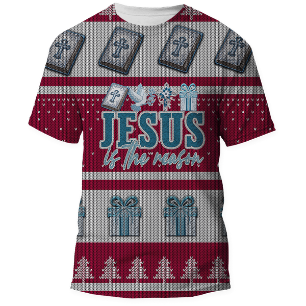 Red and white Christmas sweater-style shirt with text 'Jesus is the Reason' in bold letters featuring Bible, cross, dove, gift and Christmas tree graphics