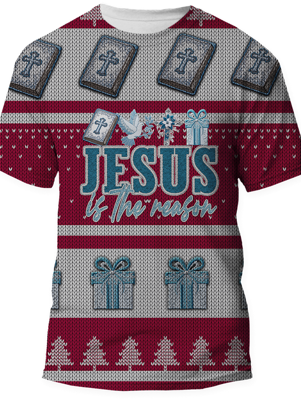 Red and white Christmas sweater-style shirt with text 'Jesus is the Reason' in bold letters featuring Bible, cross, dove, gift and Christmas tree graphics