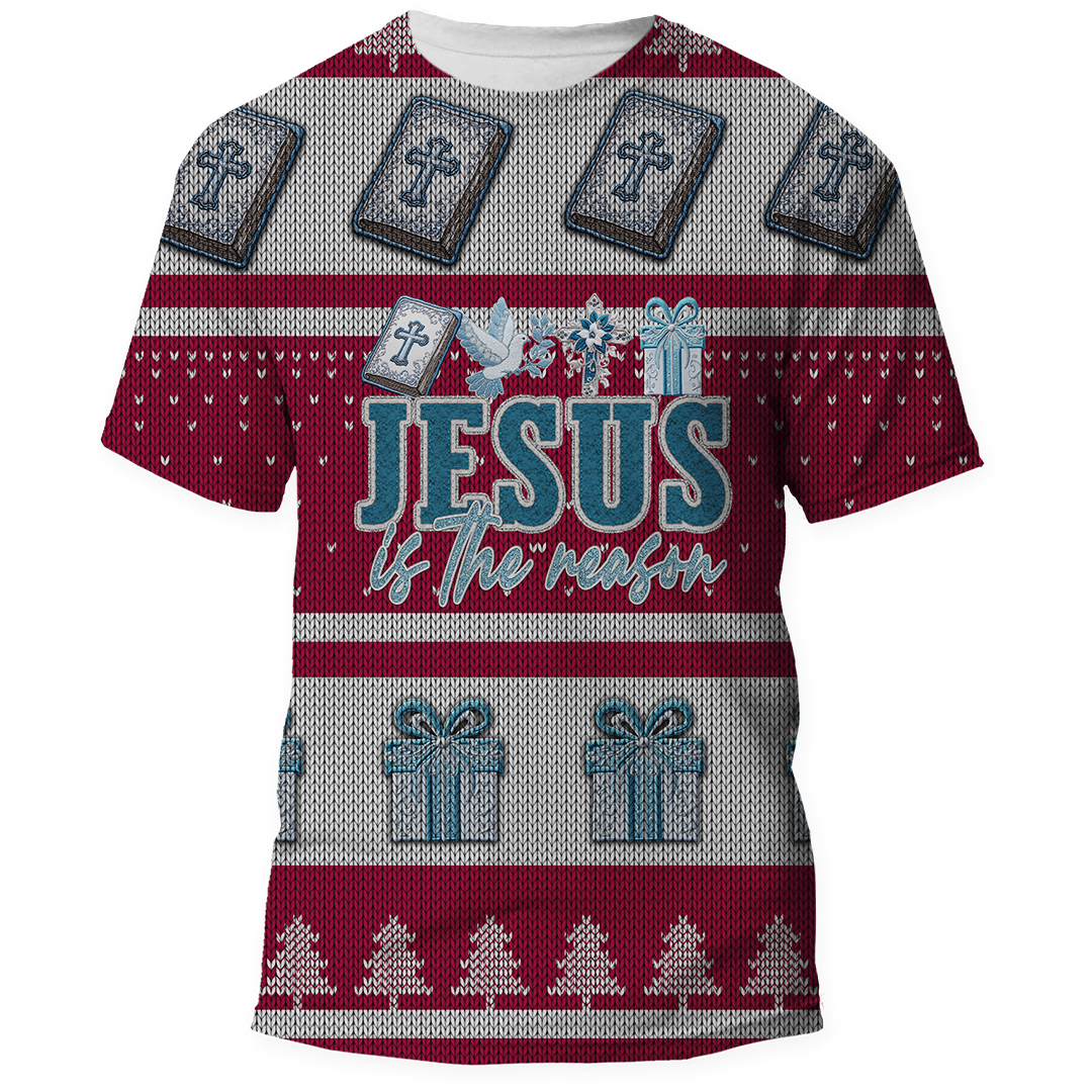 Red and white Christmas sweater-style shirt with text 'Jesus is the Reason' in bold letters featuring Bible, cross, dove, gift and Christmas tree graphics