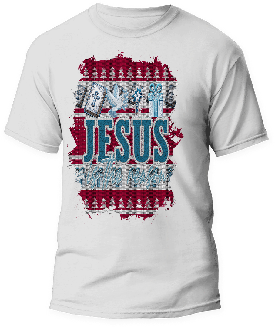 Red and white Christmas sweater-style shirt with the text ;Jesus is the Reason" in bold letters, featuring Bible, cross, dove, gift and Christmas tree graphics.