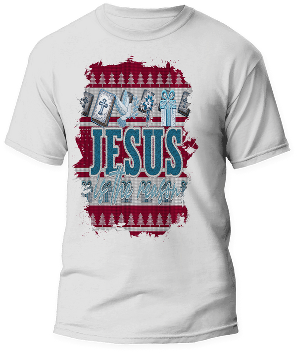 Red and white Christmas sweater-style shirt with the text ;Jesus is the Reason" in bold letters, featuring Bible, cross, dove, gift and Christmas tree graphics.