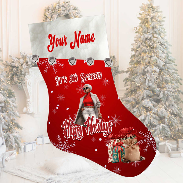 Custom Christmas stocking with personalized name and festive design, perfect for holiday decor and gifting