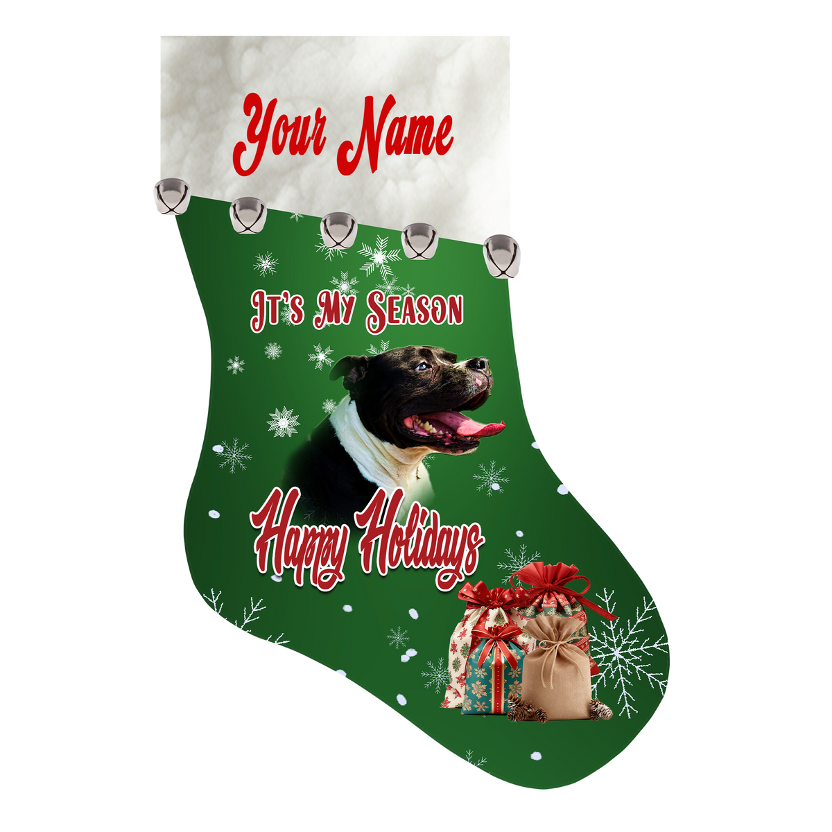 Custom Christmas stocking with personalized name and festive design, perfect for holiday decor and gifting