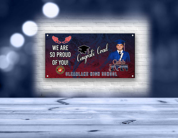 Custom banner with vibrant colors and personalized text, perfect for celebrating any occasion such as birthdays, weddings, or graduations. This blue  and red grunge combination representing a student  from Clearlake high school. Marines and cross-country runner