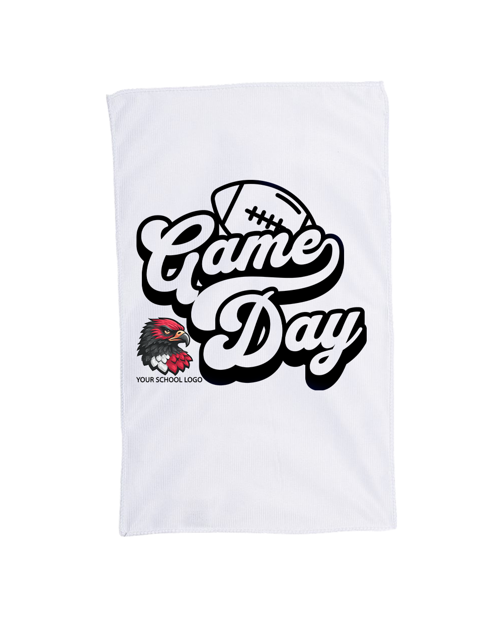 Custom sublimated spirit rally towel with full edge-to-edge design, 11x18 cotton/poly blend, perfect for sports, concerts, graduations, and events