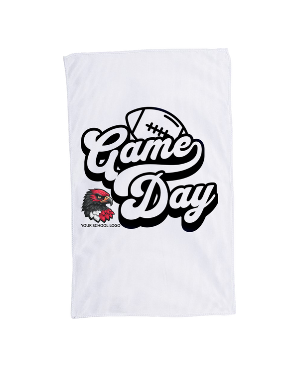 Custom sublimated spirit rally towel with full edge-to-edge design, 11x18 cotton/poly blend, perfect for sports, concerts, graduations, and events