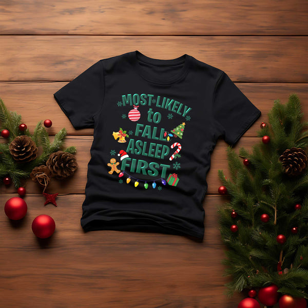 Christmas shirt with festive Most Likley to design featuring holiday icons like ornaments, candy canes, gingerbread man, lights, and gifts.