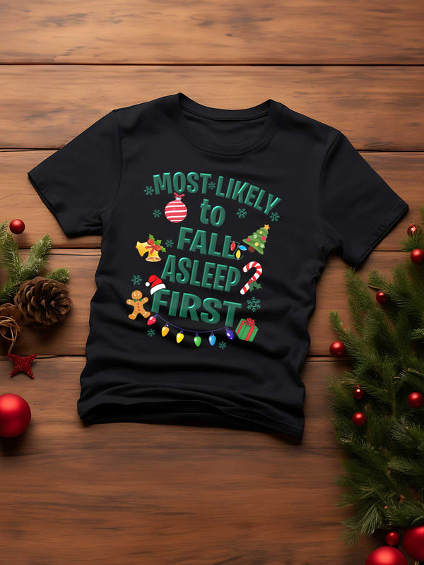 Christmas shirt with festive Most Likley to design featuring holiday icons like ornaments, candy canes, gingerbread man, lights, and gifts.