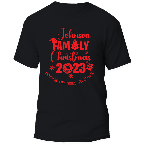 Custom Last Name Family Christmas T-Shirt featuring a festive holiday design, perfect for matching family outfits and personalized gifts.