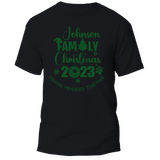 Custom Last Name Family Christmas T-Shirt featuring a festive holiday design, perfect for matching family outfits and personalized gifts.