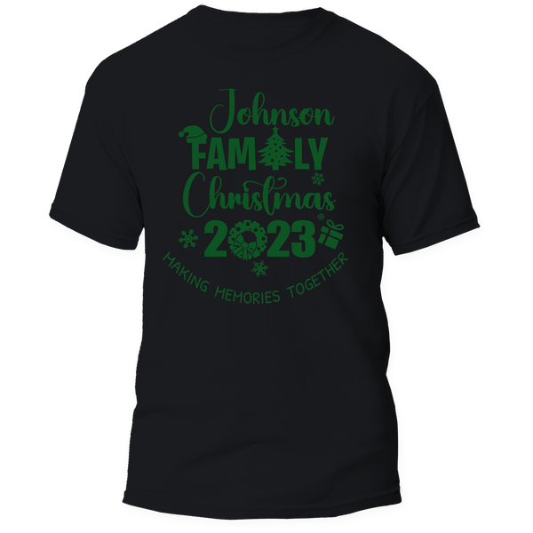 Custom Last Name Family Christmas T-Shirt featuring a festive holiday design, perfect for matching family outfits and personalized gifts.