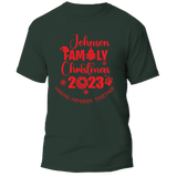 Custom Last Name Family Christmas T-Shirt featuring a festive holiday design, perfect for matching family outfits and personalized gifts.