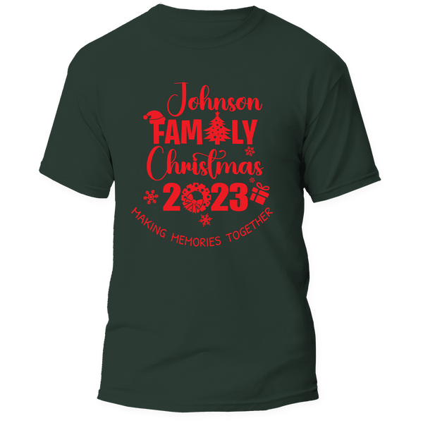 Custom Last Name Family Christmas T-Shirt featuring a festive holiday design, perfect for matching family outfits and personalized gifts.