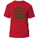 Custom Last Name Family Christmas T-Shirt featuring a festive holiday design, perfect for matching family outfits and personalized gifts.