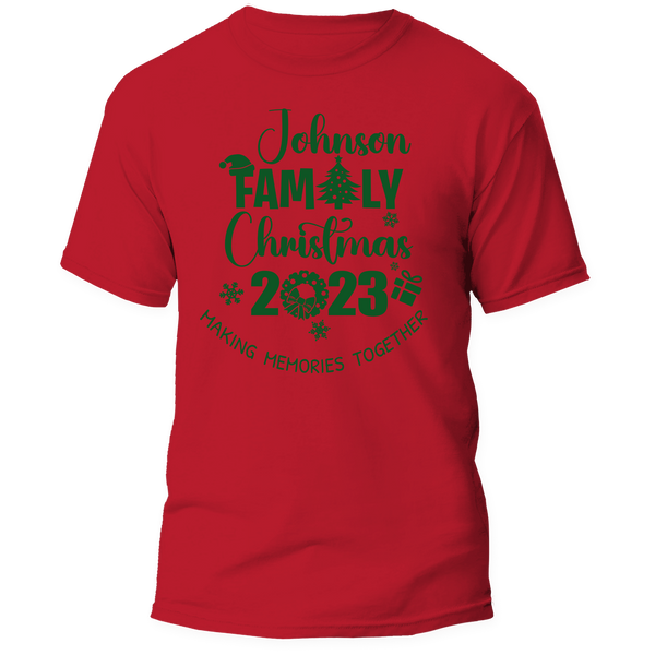 Custom Last Name Family Christmas T-Shirt featuring a festive holiday design, perfect for matching family outfits and personalized gifts.