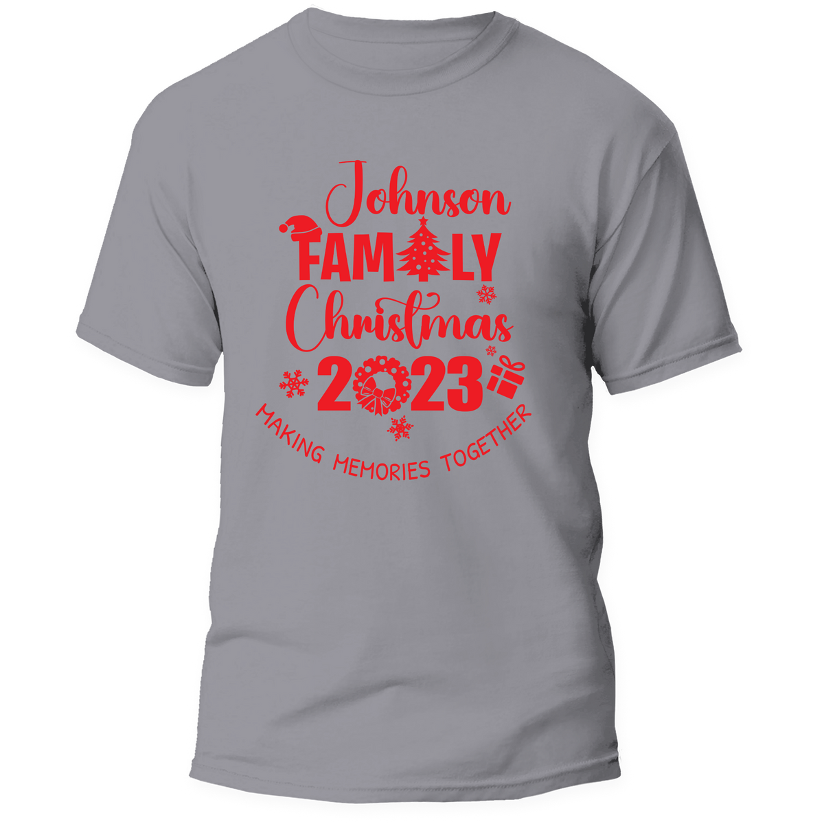 Custom Last Name Family Christmas T-Shirt featuring a festive holiday design, perfect for matching family outfits and personalized gifts.