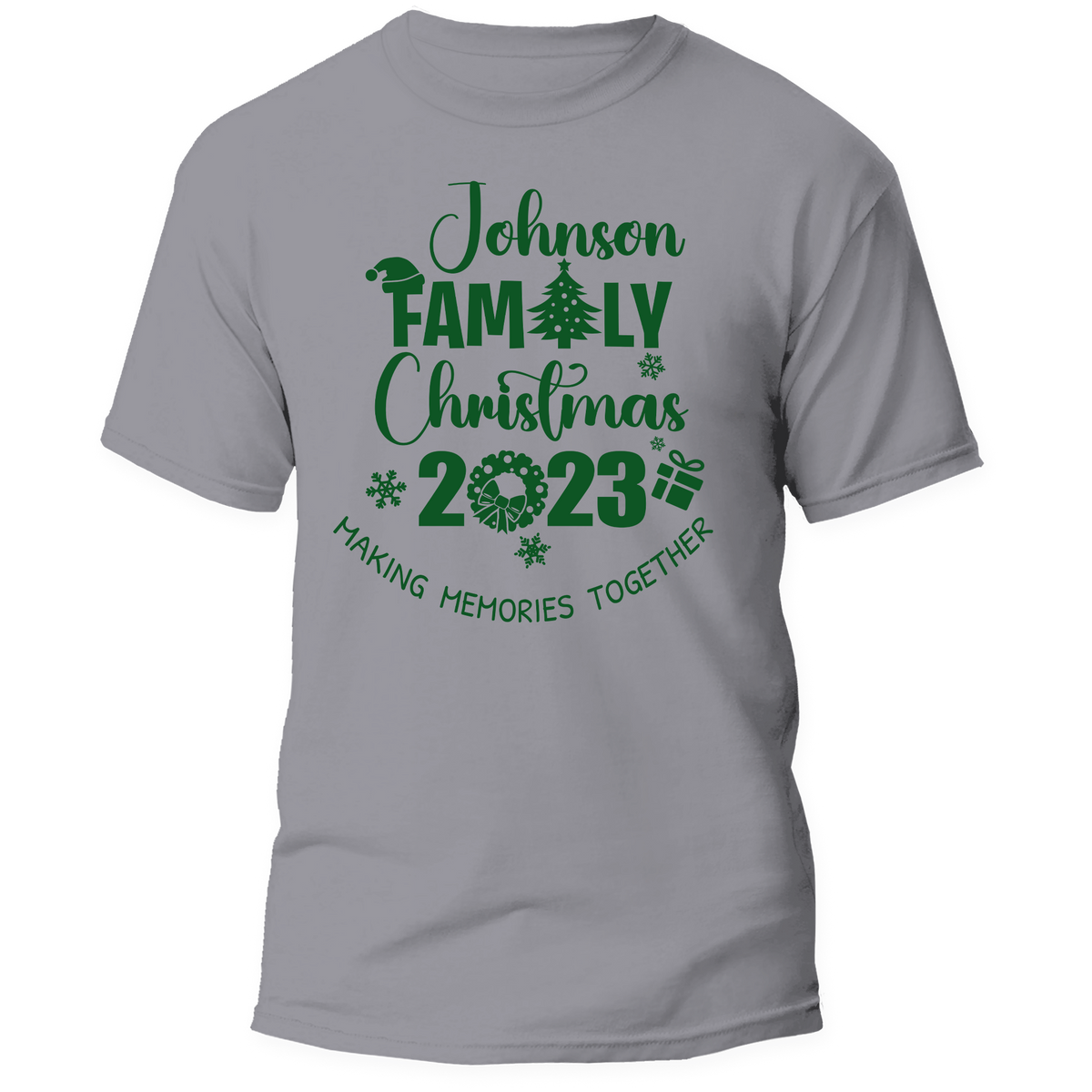 Custom Last Name Family Christmas T-Shirt featuring a festive holiday design, perfect for matching family outfits and personalized gifts.