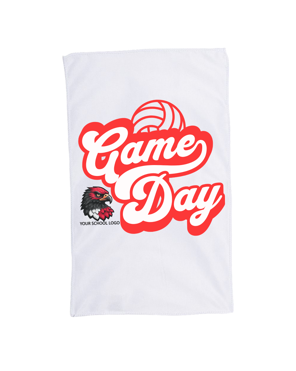 Custom sublimated spirit rally towel with full edge-to-edge design, 11x18 cotton/poly blend, perfect for sports, concerts, graduations, and events