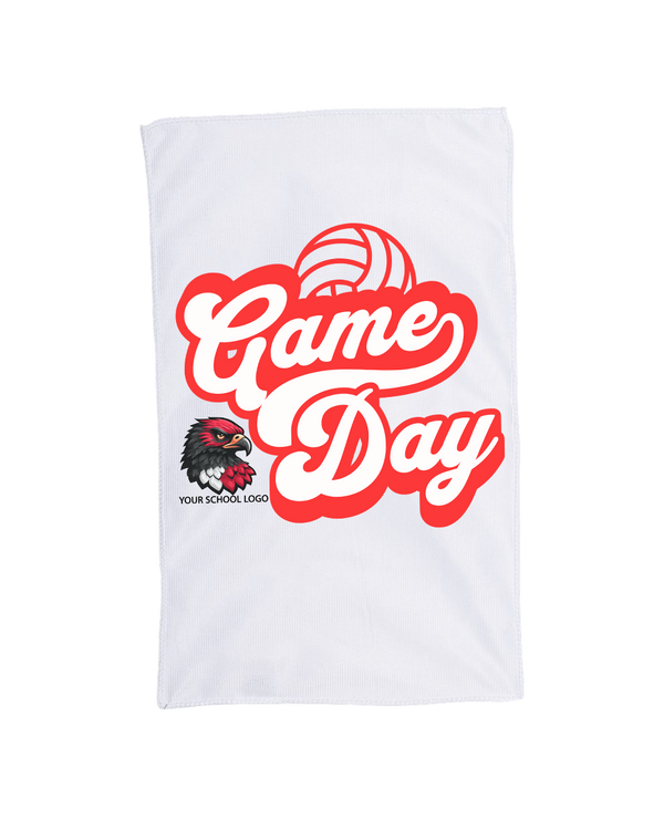 Custom sublimated spirit rally towel with full edge-to-edge design, 11x18 cotton/poly blend, perfect for sports, concerts, graduations, and events