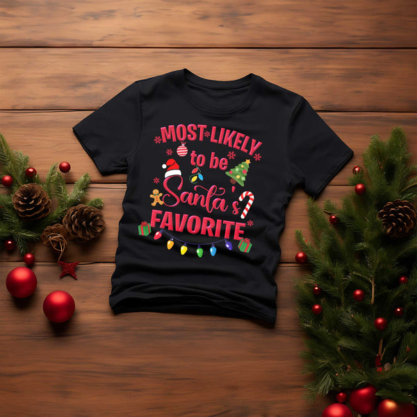 Christmas shirt with festive Most Likely to design featuring holiday icons like ornaments, candy canes, gingerbread man, lights, and gifts.