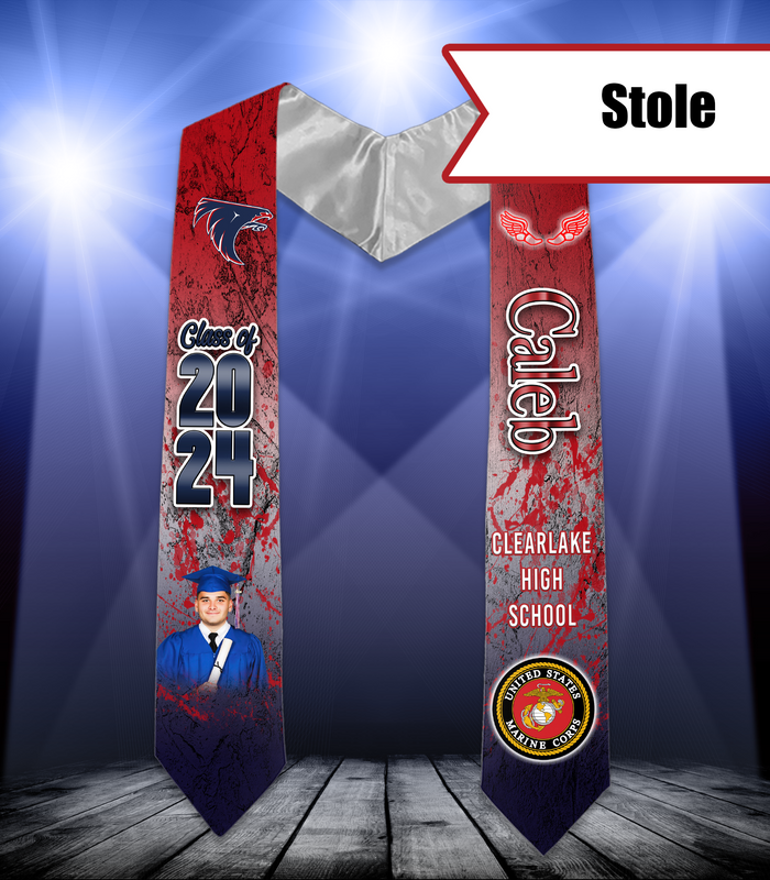 Image of a custom stole designed by LDD Kreationz showcasing vibrant colors and personalized text, perfect for graduations, weddings, and other special occasions.