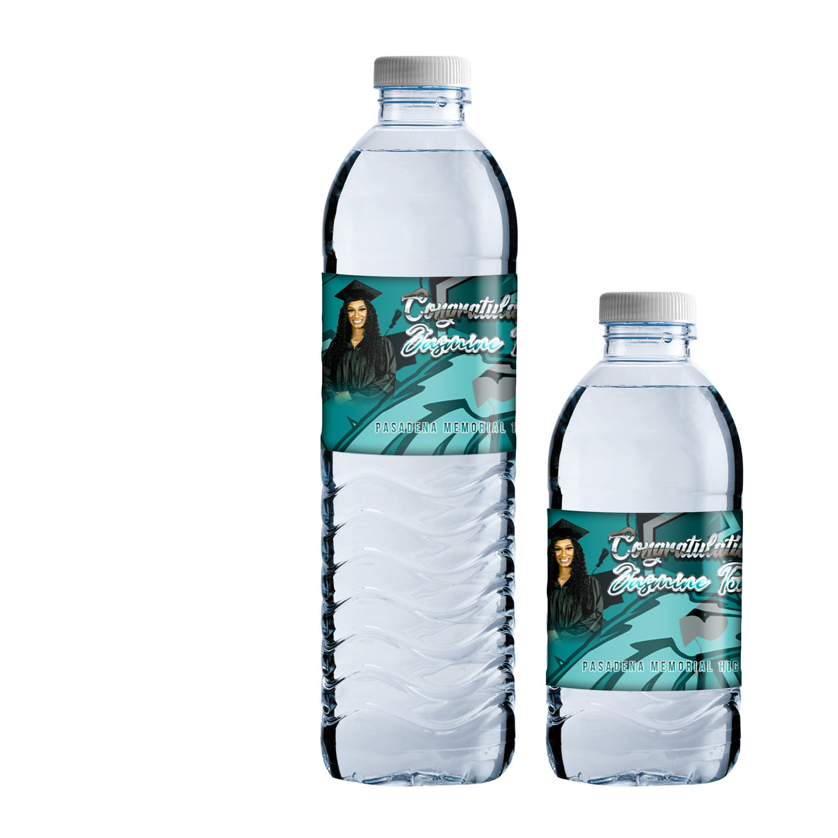 Custom waterproof water bottle wrap on 16.9 oz bottle – personalized colorful design