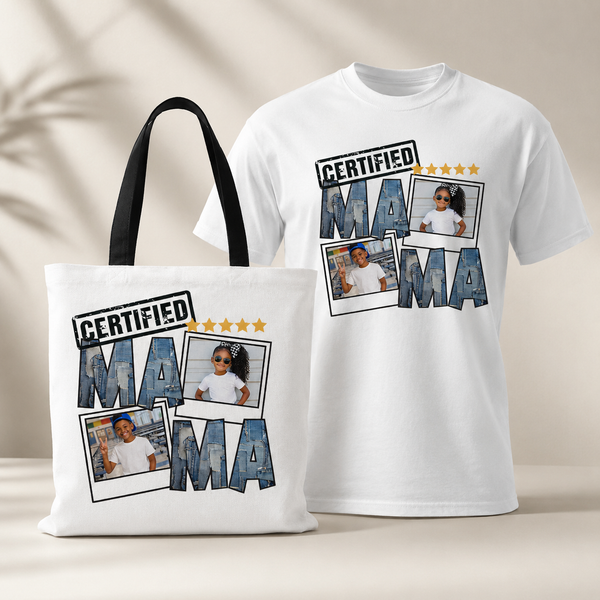 White with blackstrappersonalizedCertifiedMamat-shirtandmatchingtotebagbundlefeaturingcustomphotocollagedesign_denim-stylelettering_andgoldstaraccents.